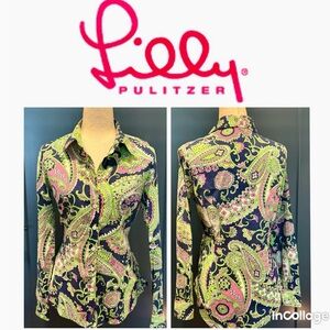 Lilly Pulitzer Navy Pink Paisley Button-Front Cotton Shirt